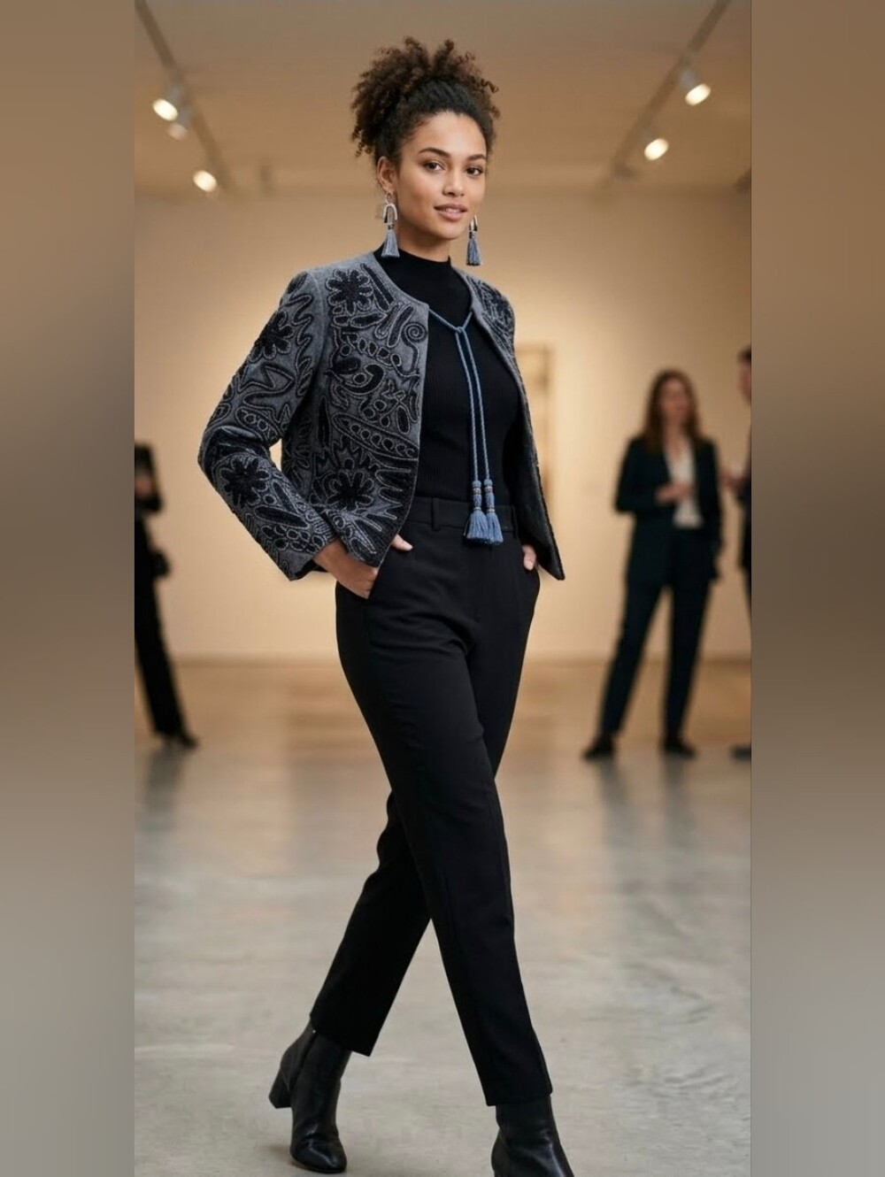 Zara Gray Jacket with Black Embroidered Appliqué and Tassel Tie